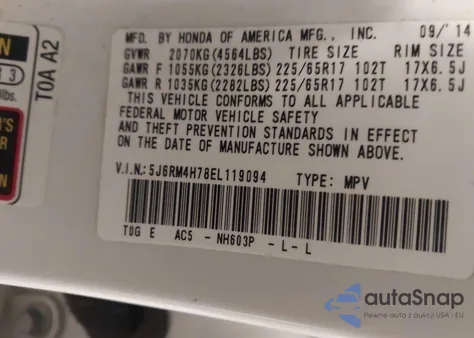 2014 Honda Cr-V Ex-L z USA, uszkodzony, nr VIN 5J6RM4H78EL119094